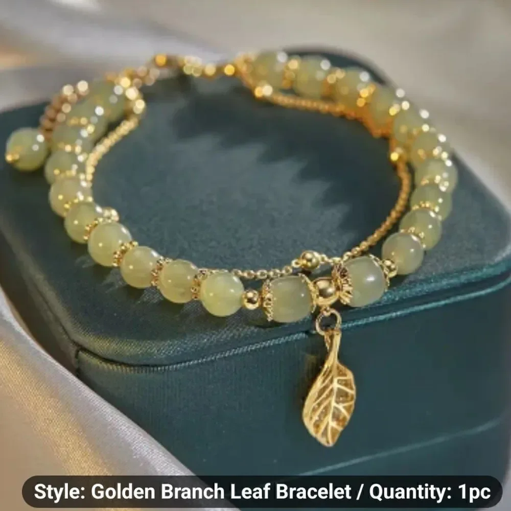 Double-Layer Green Jade Beaded Bracelet with Sparkling Golden Leaf Charm